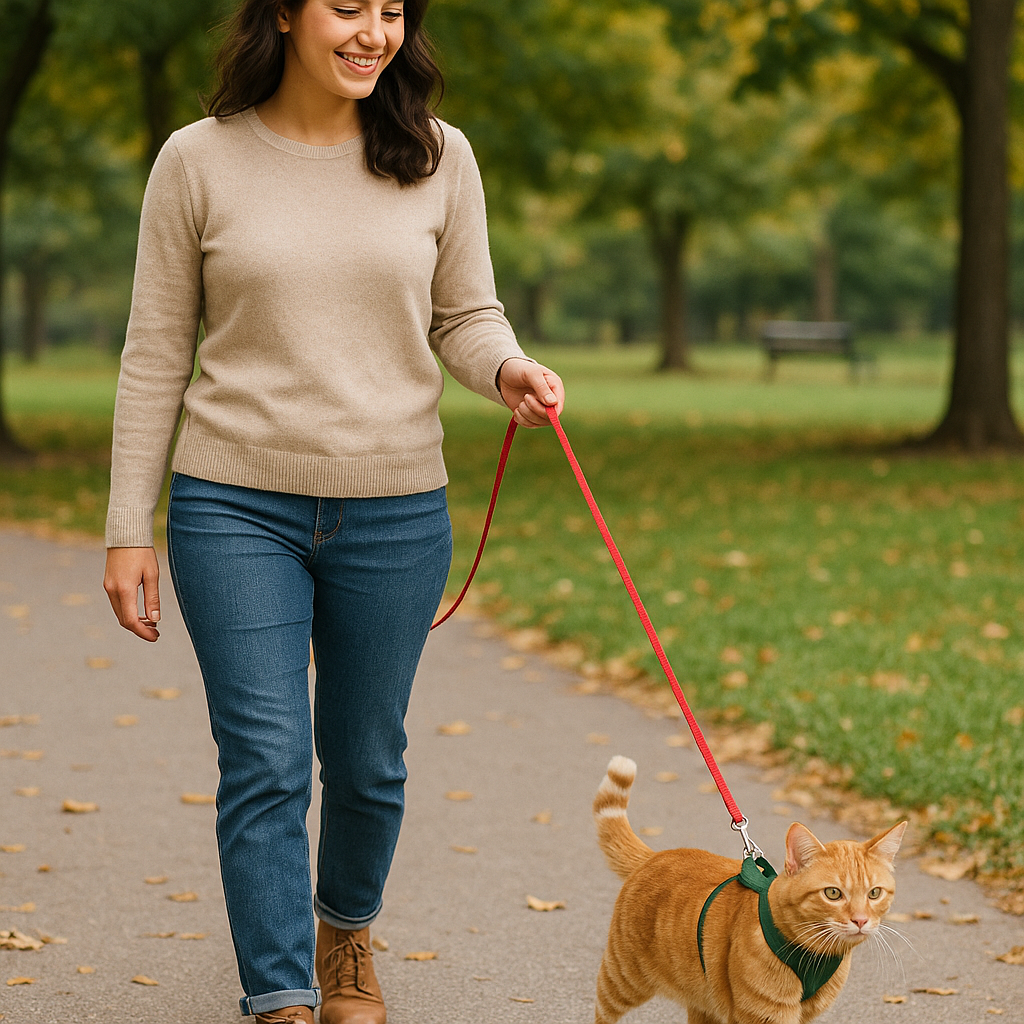 A woman taking a cat on a walk using a leash and harness on the cat-1