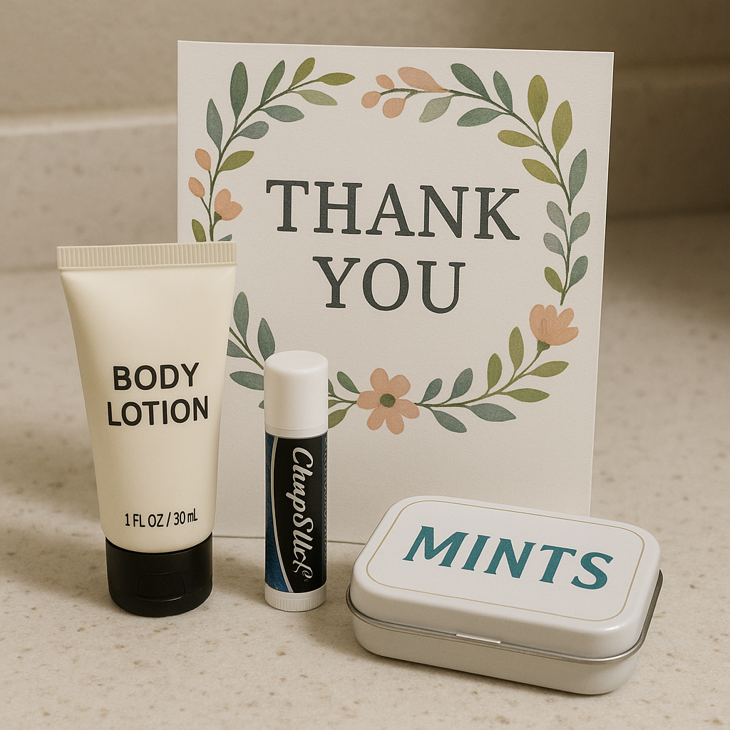 Gifts left on the counter small body lotion chapstick and mints along with a thank you card