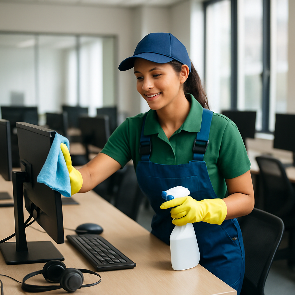 a cleaning professional cleaning a call center office